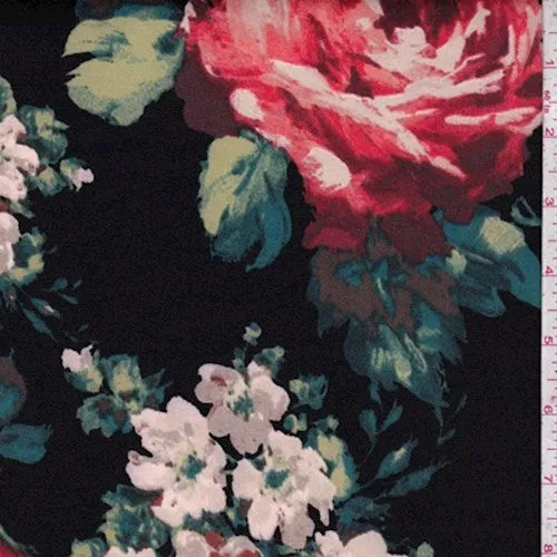 2 YD PC-Black/Taupe/Coral Multi Floral Scuba Knit Fabric