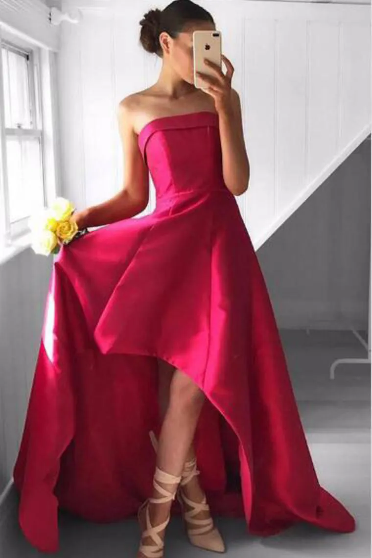 2024 A Line Strapless Prom Dresses Satin Asymmetrical Zipper Up