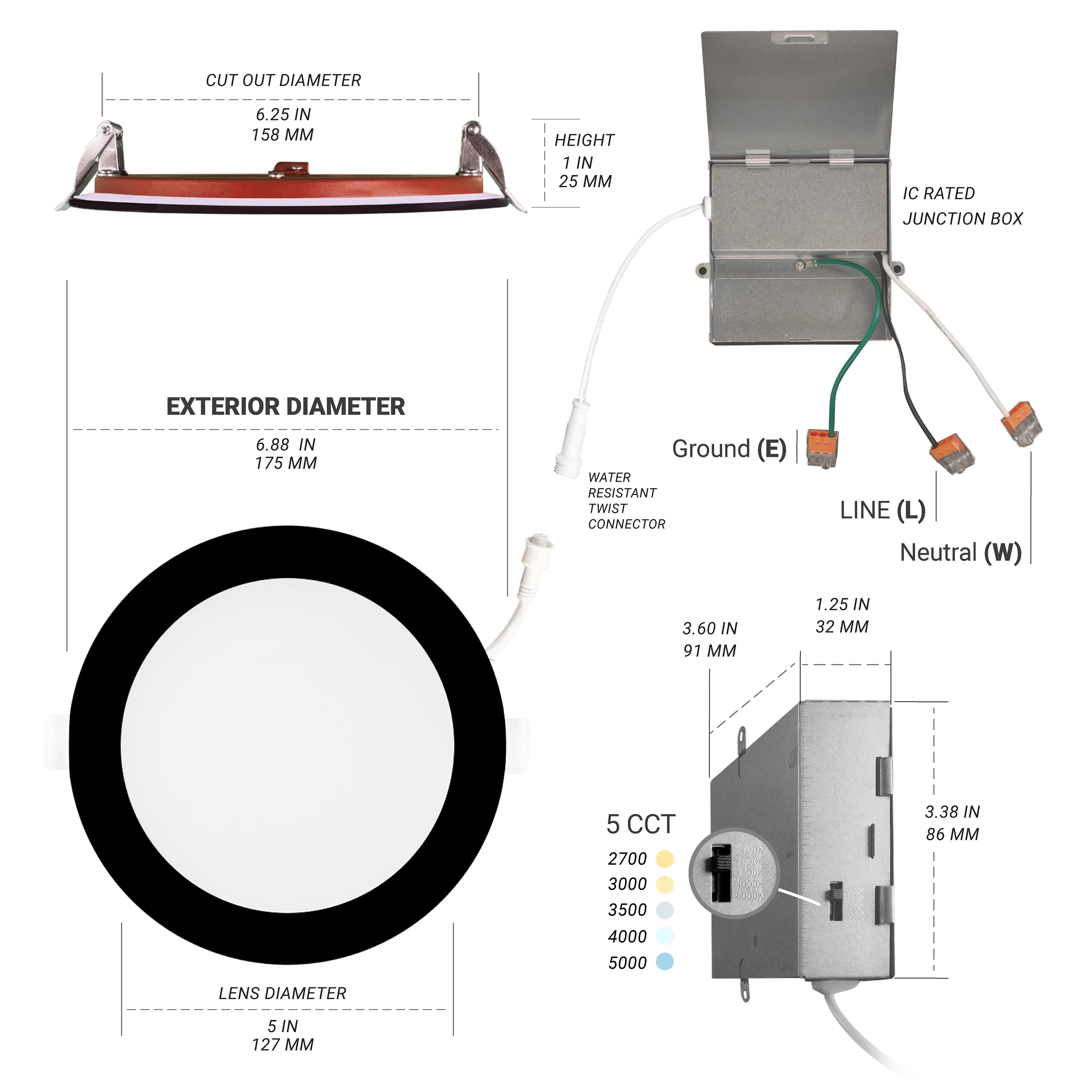 6" Inch Black 2 Hour Fire Rated Recessed Light Slim Canless LED Wafer Lights - Wet Rated - 5CCT 2700K-5000K - 1200LM