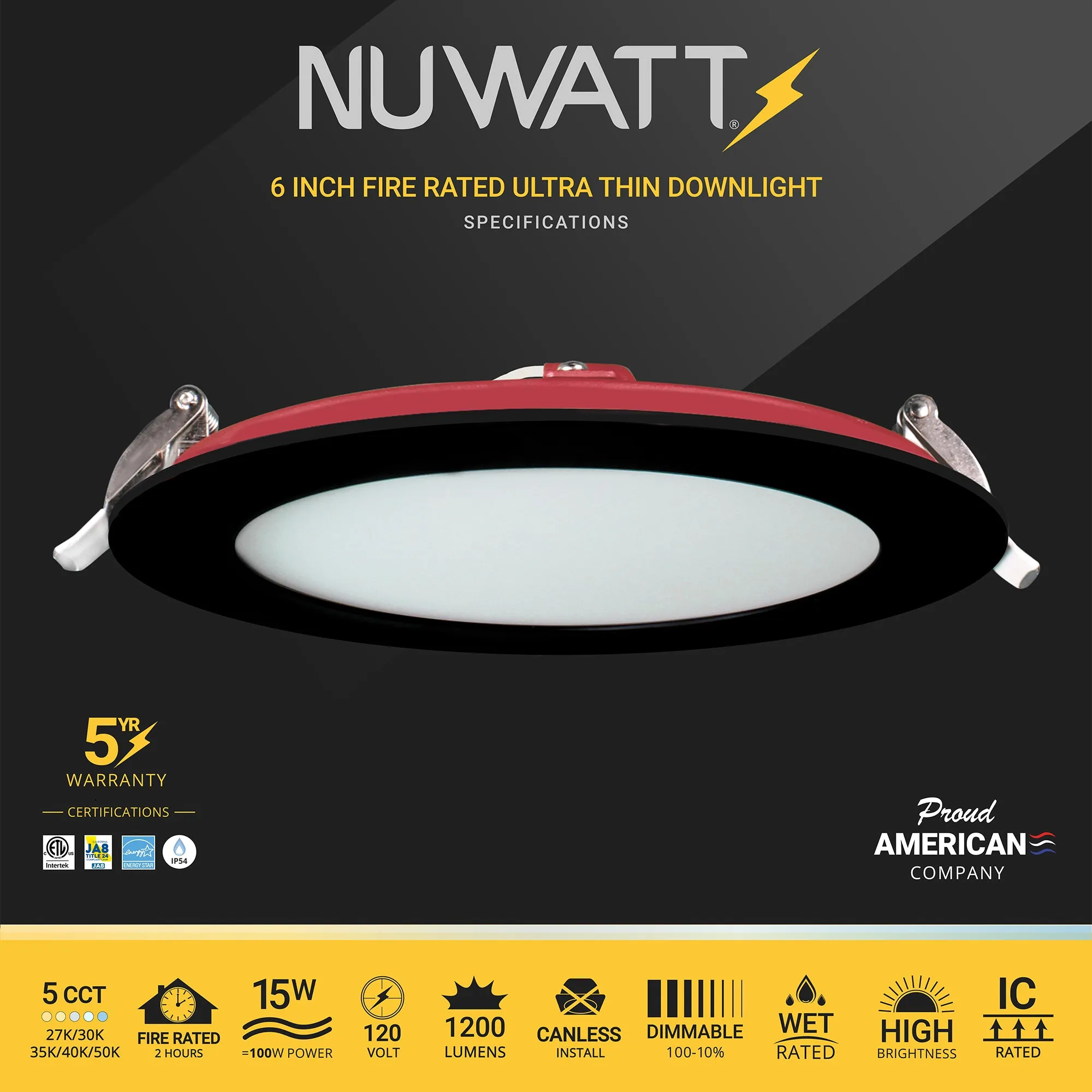 6" Inch Black 2 Hour Fire Rated Recessed Light Slim Canless LED Wafer Lights - Wet Rated - 5CCT 2700K-5000K - 1200LM