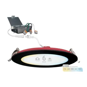 6" Inch Black 2 Hour Fire Rated Recessed Light Slim Canless LED Wafer Lights - Wet Rated - 5CCT 2700K-5000K - 1200LM