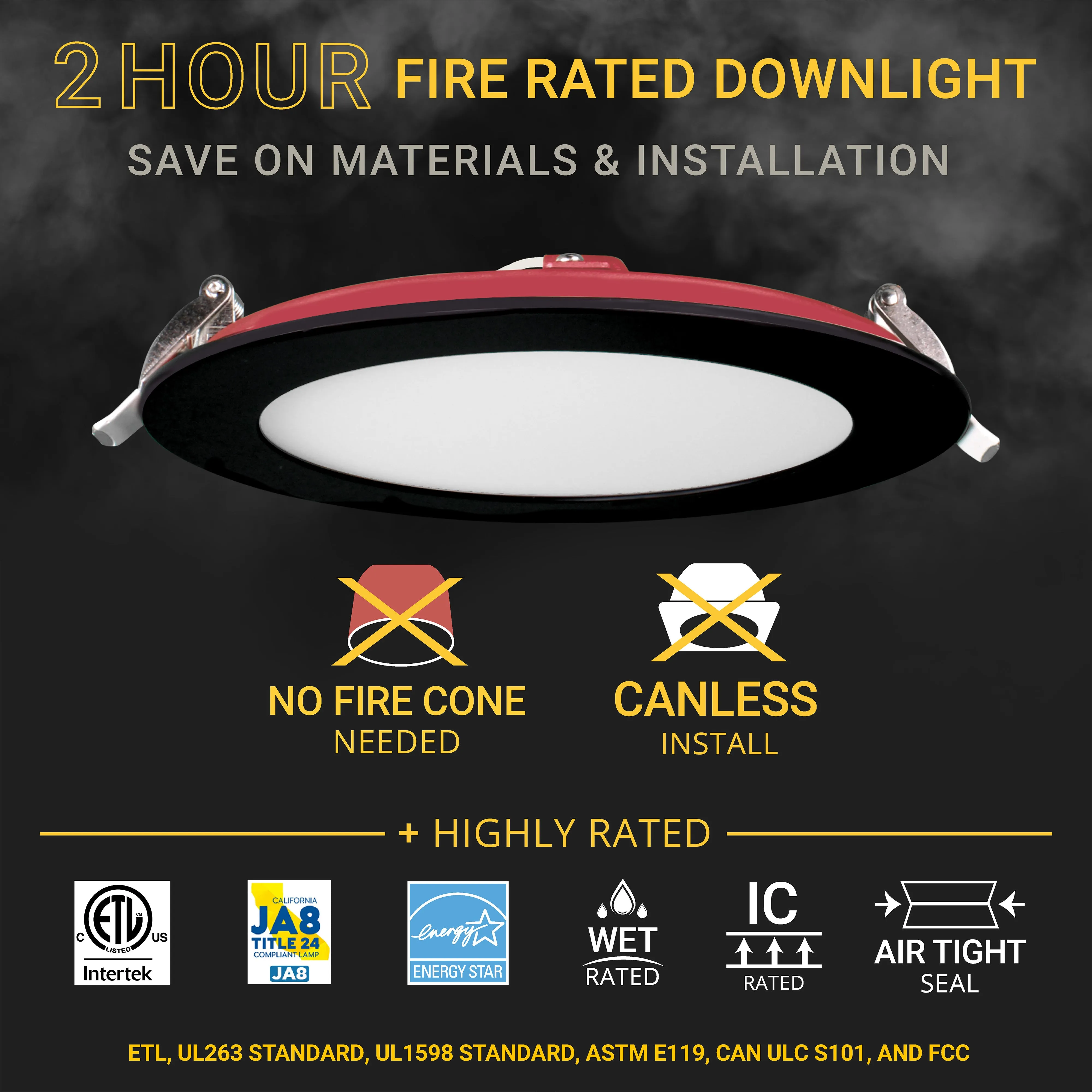 6" Inch Black 2 Hour Fire Rated Recessed Light Slim Canless LED Wafer Lights - Wet Rated - 5CCT 2700K-5000K - 1200LM