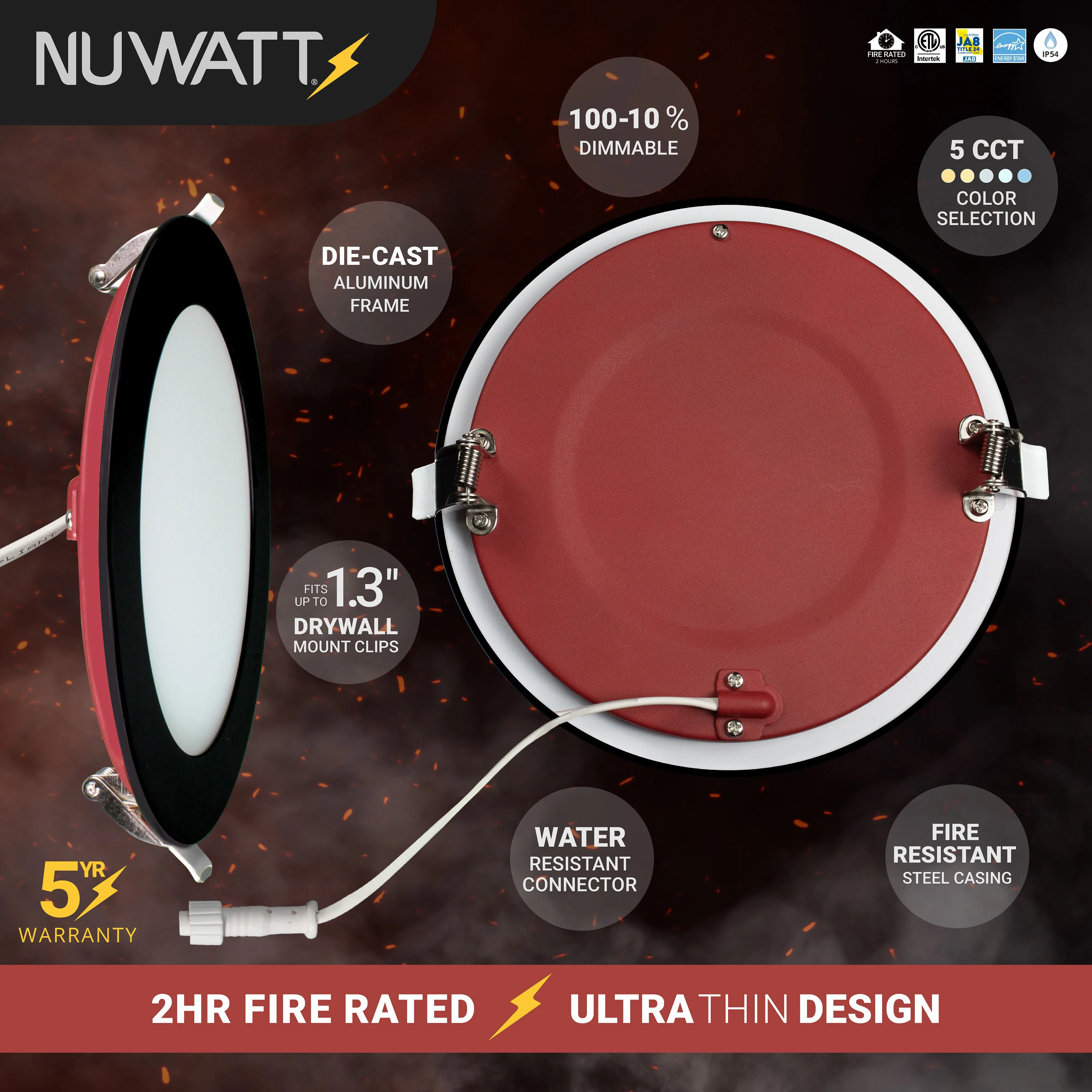 6" Inch Black 2 Hour Fire Rated Recessed Light Slim Canless LED Wafer Lights - Wet Rated - 5CCT 2700K-5000K - 1200LM