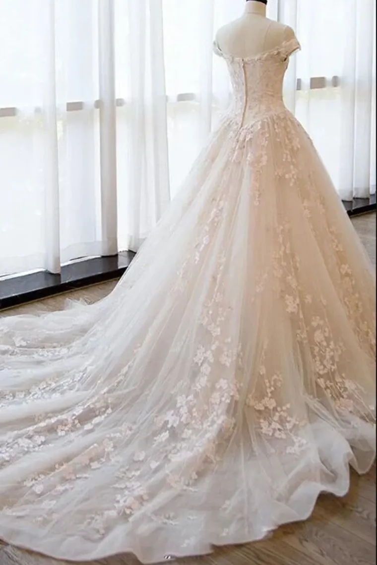 Ball Gown Off The Shoulder Appliques Wedding Dresses, Ivory Bridal Dresses