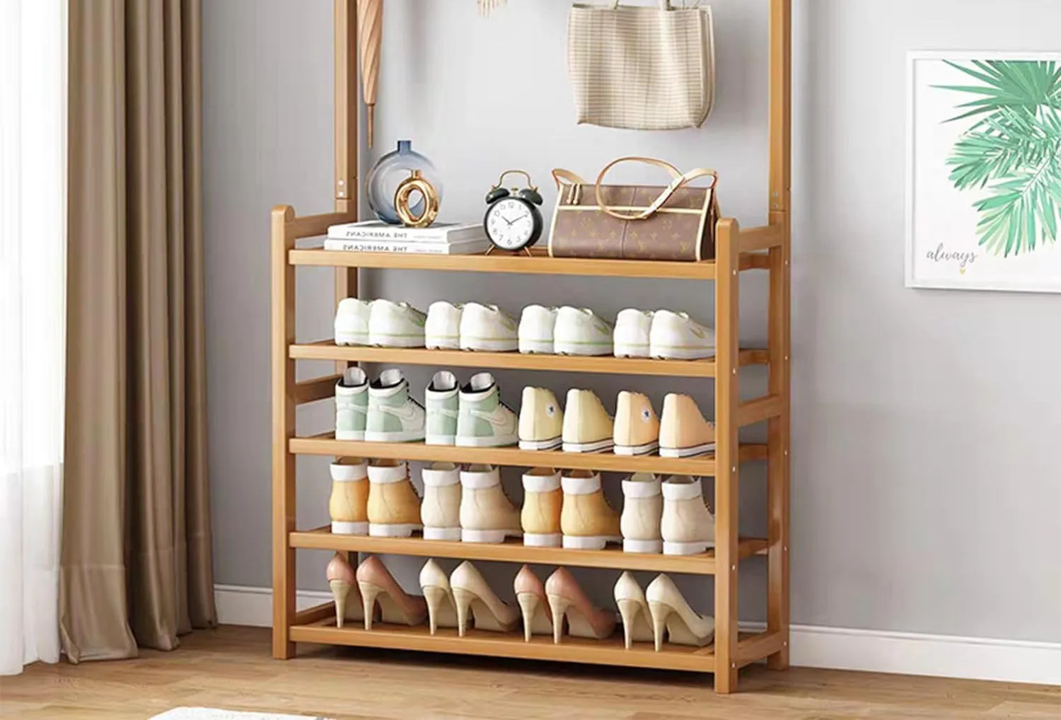 Bamboo Coat Rack with 5-Tier Shoe Storage