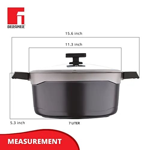 Bergner Gastro Non Stick Casserole/Briyani Pot/Handi with Glass Lid 28cm, Induction Base, Thickness 4.1mm, Brown, Gas Ready