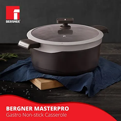 Bergner Gastro Non Stick Casserole/Briyani Pot/Handi with Glass Lid 28cm, Induction Base, Thickness 4.1mm, Brown, Gas Ready