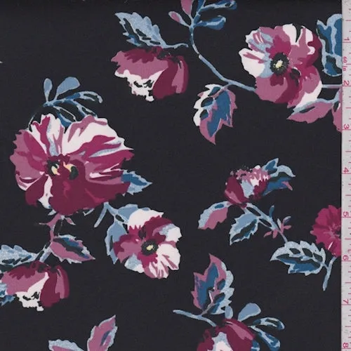 Black/Mulberry Cosmo Floral Techno Scuba Knit Fabric