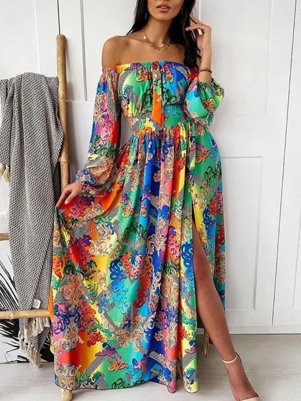 Boho-Chic One-Shoulder Maxi Dress with Elegant Side Slits