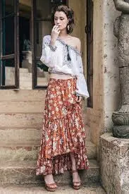 Boho Maxi Ruffle Skirt "Gypsy Dancer" Maple Brown With Ivory Flowers Plus Size 2X or XXL Long Skirt