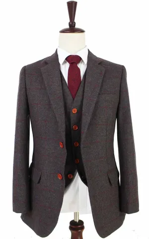 BROWN GREEN PLAID TWEED 3 PIECE SUIT