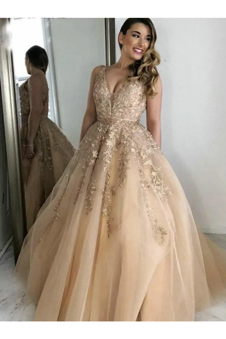 Charming A Line V Neck Beads Tulle Prom Dresses With Appliques, Floor Length Formal Dresses