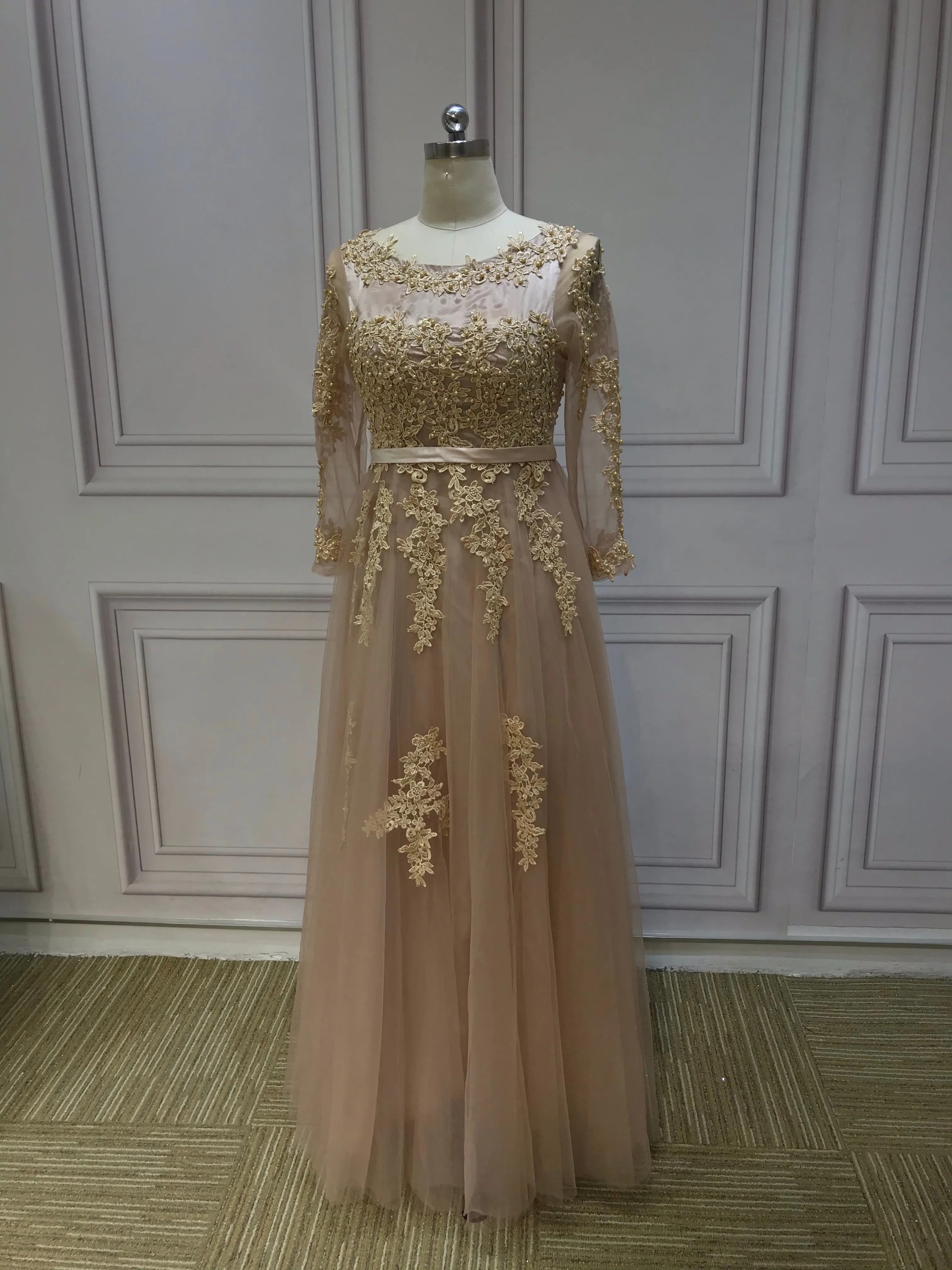 Chic champagne nude lace appliques pearls beaded tulle semi formal graduation dresses 2021#112211