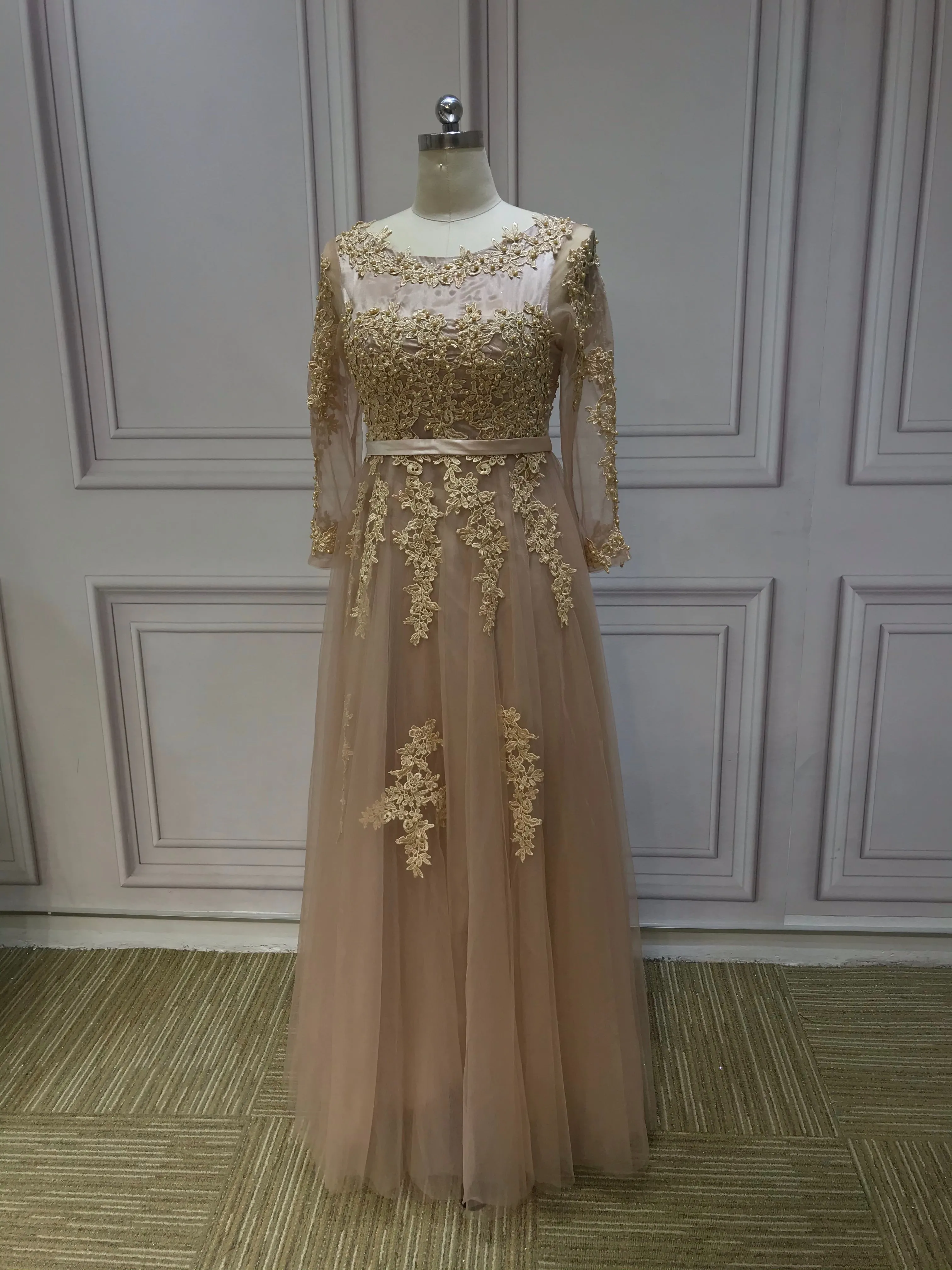 Chic champagne nude lace appliques pearls beaded tulle semi formal graduation dresses 2021#112211