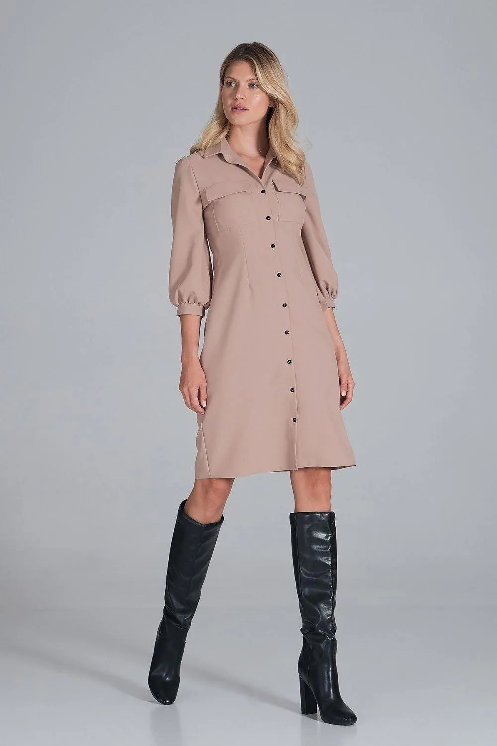 Chic Midi Shirt Dress with Convenient Pockets