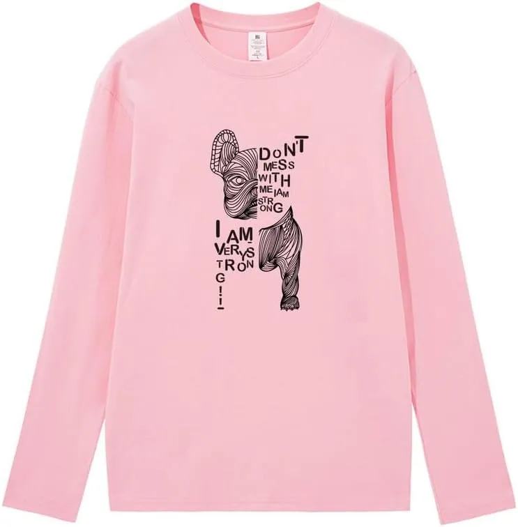 CORIRESHA Teen Funny Dog Crewneck Long Sleeve Soft Cotton Letter T-Shirt