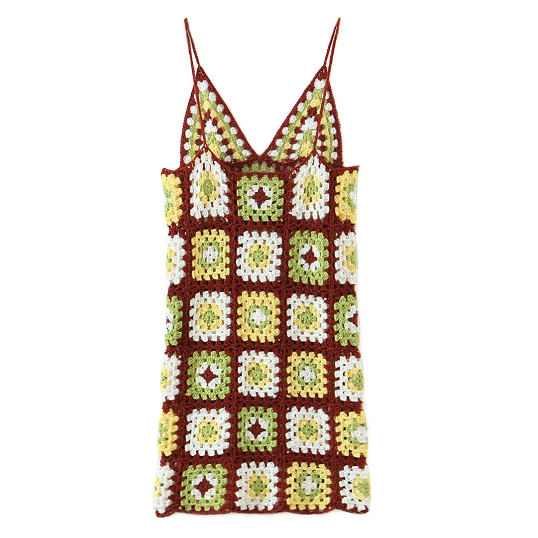 Crochet Knit Granny Square Patterns Slip Mini Dresses - Burgundy