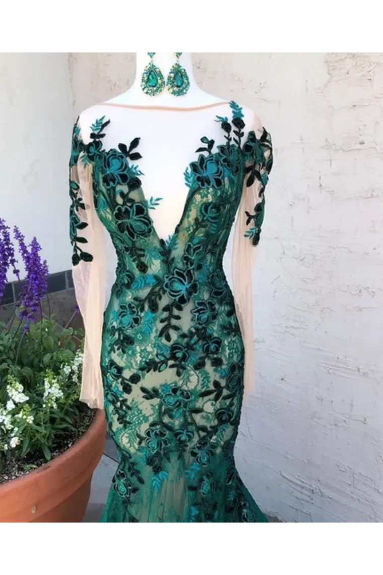 Dark Green See Through Prom Dresses With Sleeves Illusion Neck Party Dresses