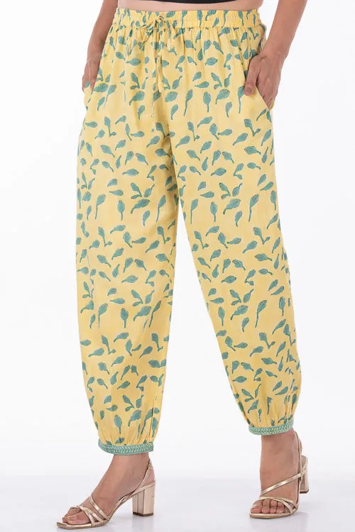 Dharan "Bloosom Dogri Pants" Yellow Block Printed Pants