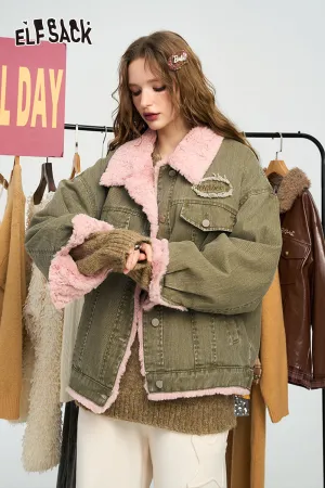 ELFSACK 2024 Winter New Arrivals Contrast color fur collar retro army green plush thickened coat for women, sweet and cool American style coat