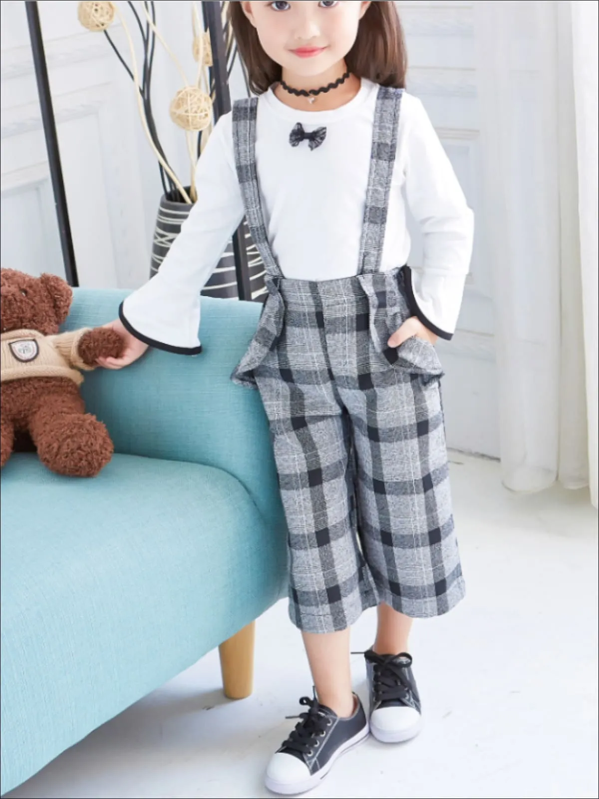 Girls Preppy White Bell Sleeve Blouse And Plaid Culotte Pants Set