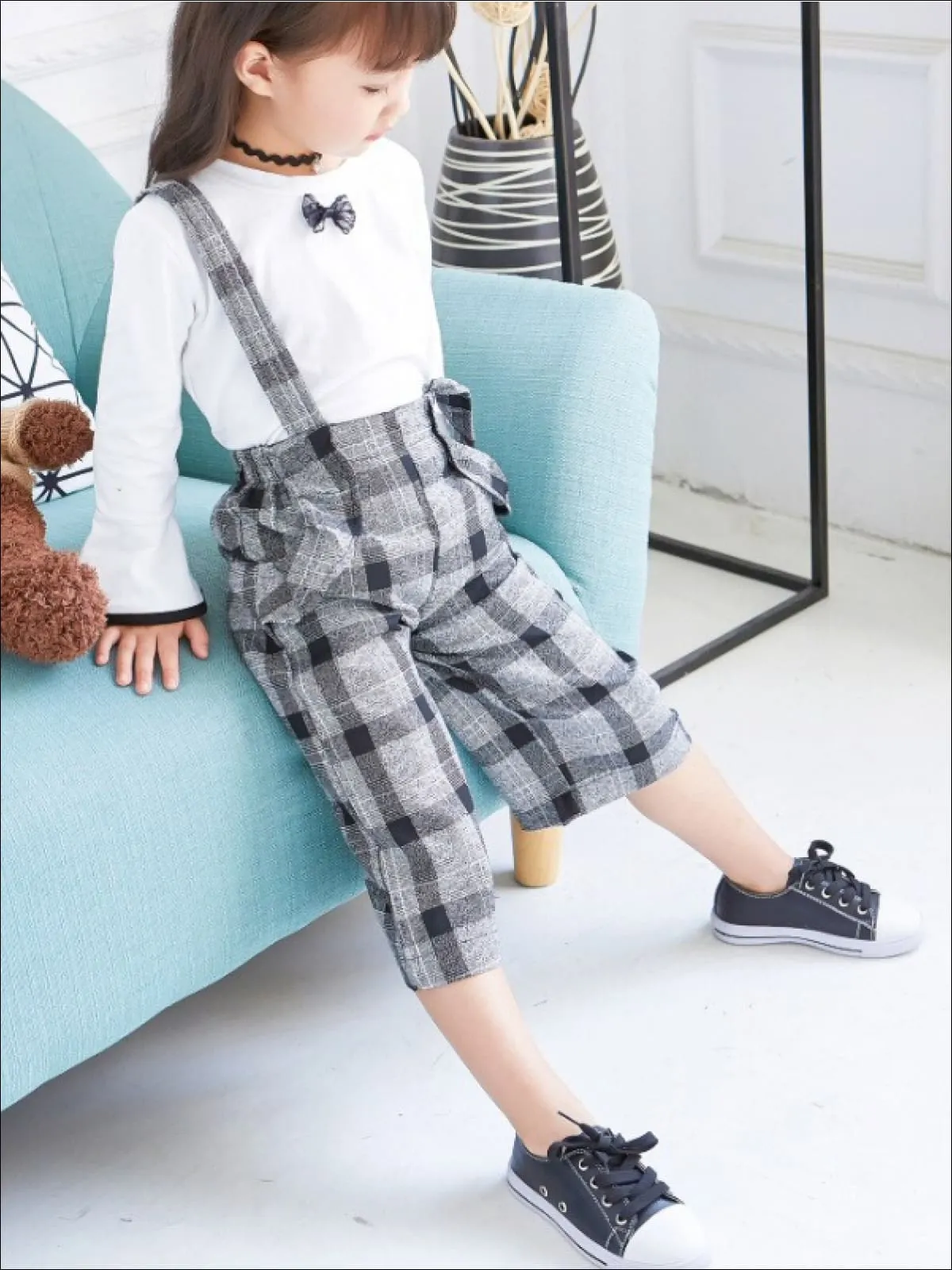 Girls Preppy White Bell Sleeve Blouse And Plaid Culotte Pants Set