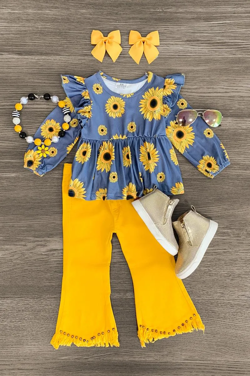 Gray & Mustard Sunflower Denim Bell Bottom Set