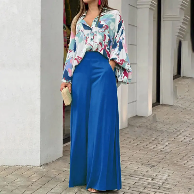 Large size casual shirt wide leg pants two piece set