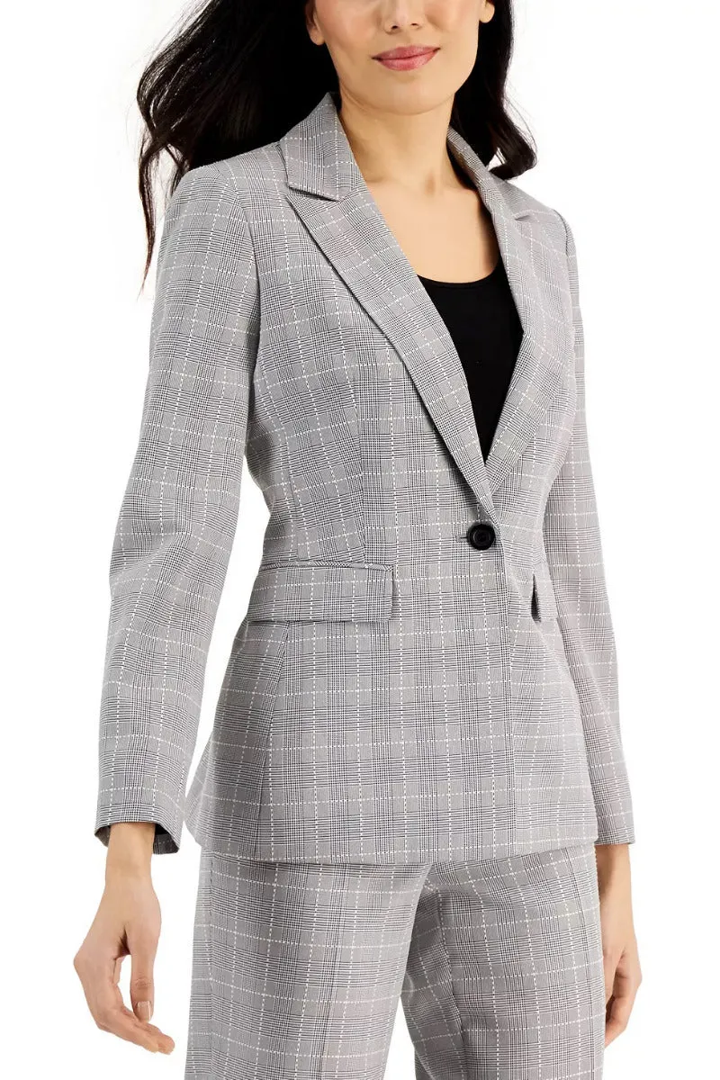 Le Suit Notched Collar Long Sleeve One Button Closure Front Shoulder Pads Flap Pockets Crepe Jacket with Pants (Petite)