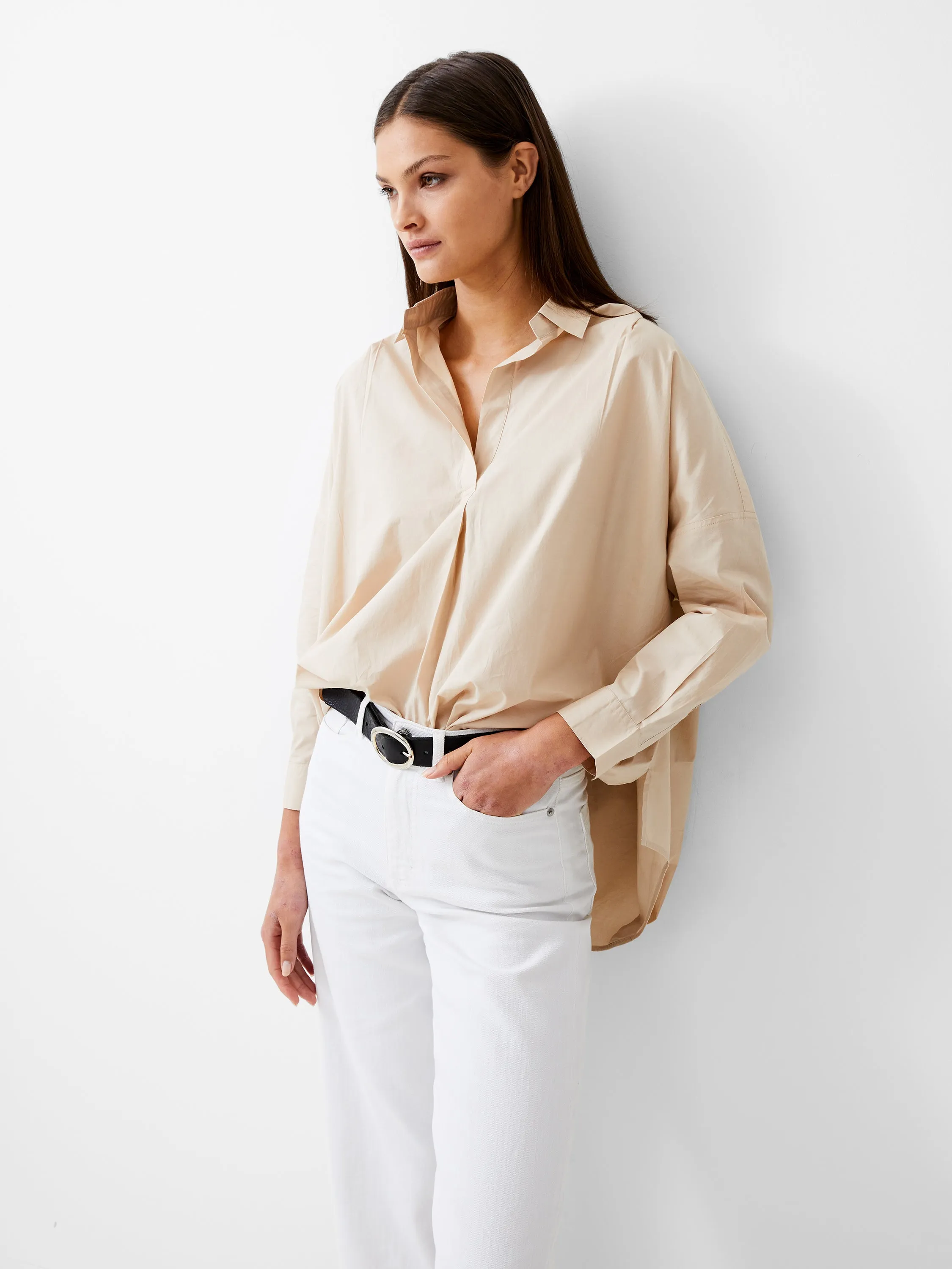 Long Sleeve Vee Collar Poplin Popover Shirt