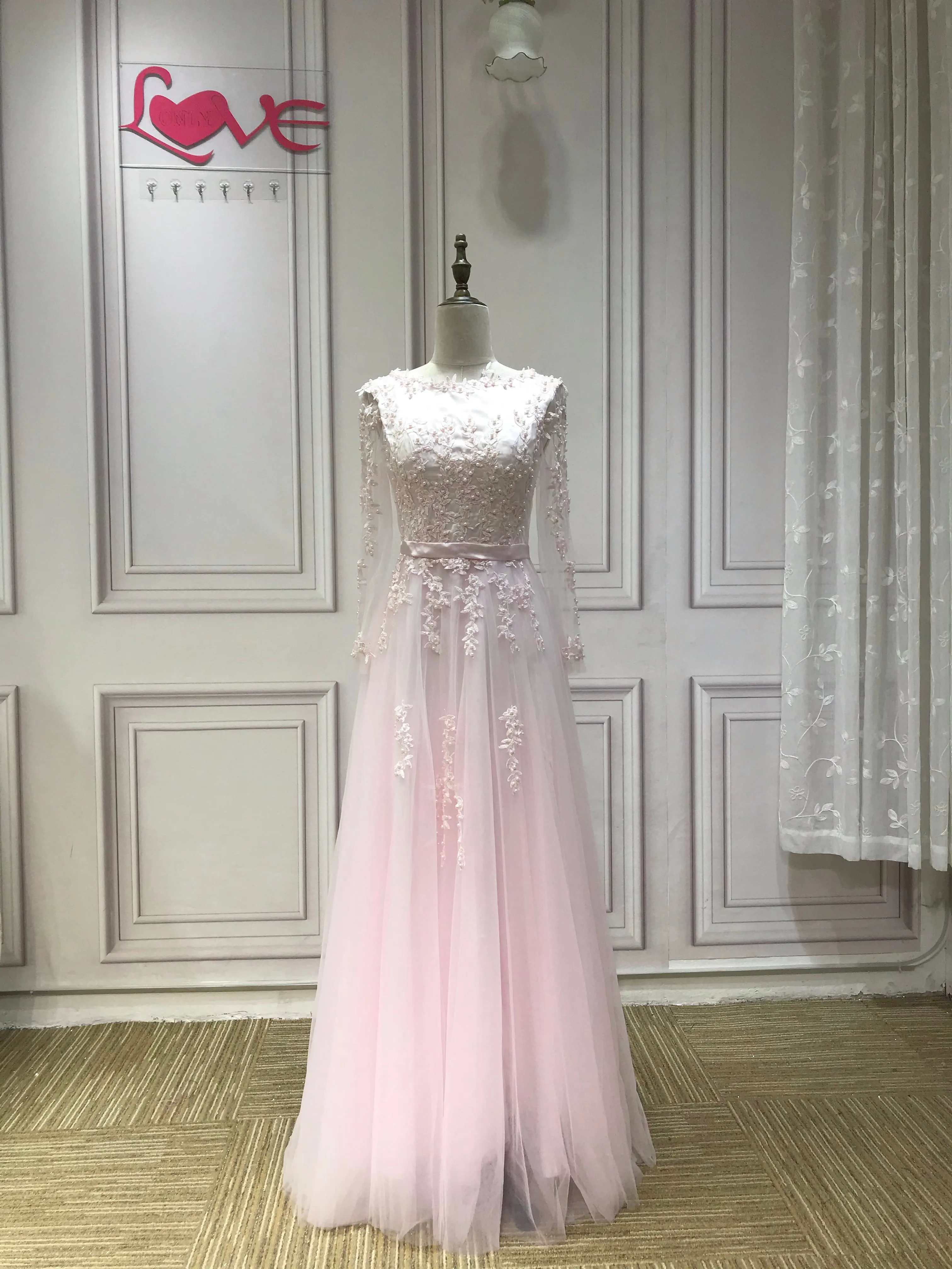 Long sleeves lace appliqués pearls beaded formal baby pink prom muslim best event occasion dress 2023 HD6152