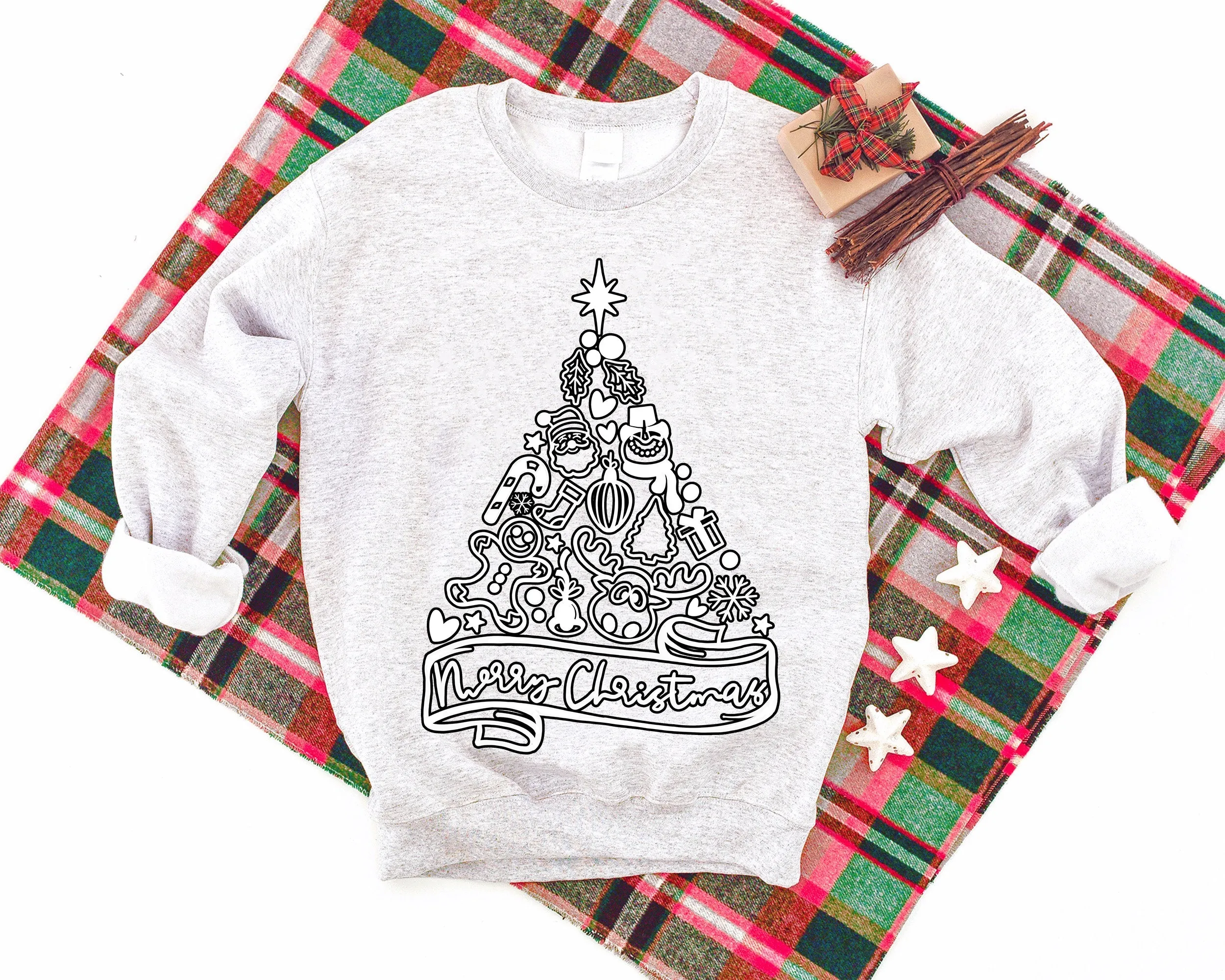 'Merry Chirstmas' And Gift-wrapped Christmas Tree Pattern Family Christmas Matching Pajamas Tops Cute Light-gray Long Sleeve Sweatshirts With Dog Bandana