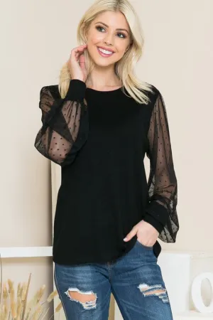 Mesh Dot Puff Sleeve Knit Top