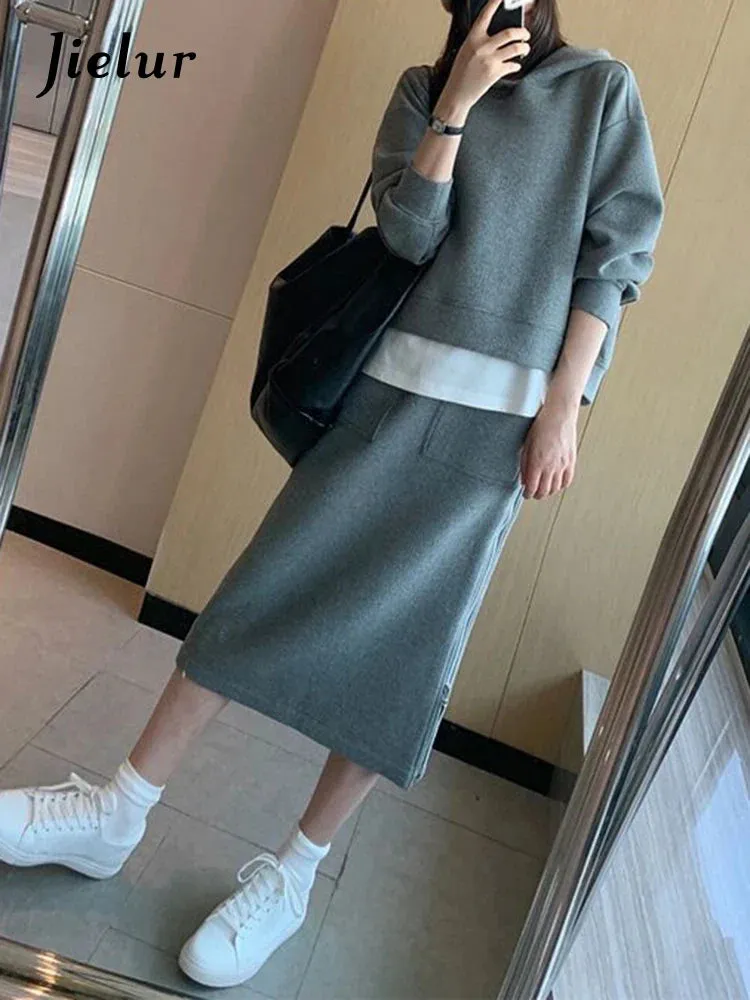 Metaversmall Autumn Hoodies Skirt New High Class Hong Kong Style Casual Sportswear Gray Top Skirt Two Piece Suits Chic Women Sets S-XL