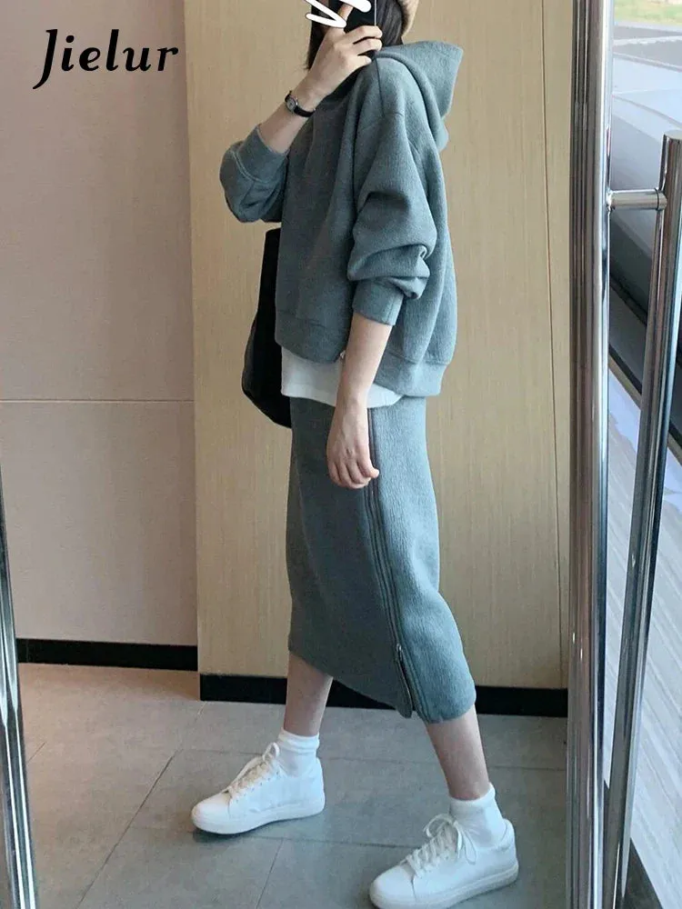 Metaversmall Autumn Hoodies Skirt New High Class Hong Kong Style Casual Sportswear Gray Top Skirt Two Piece Suits Chic Women Sets S-XL