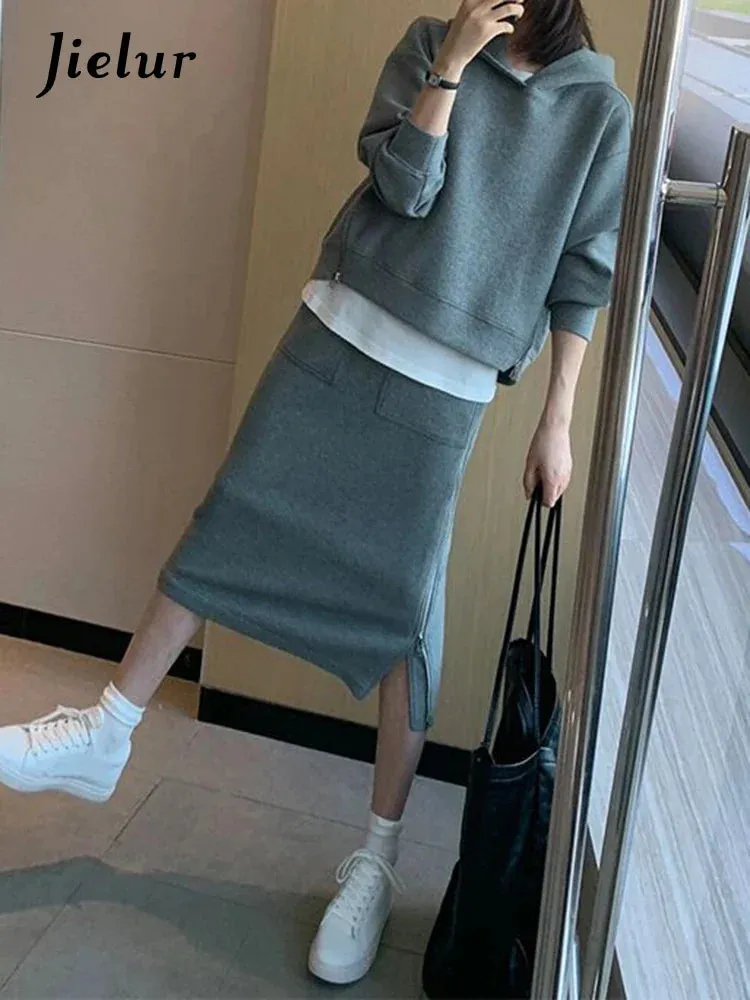 Metaversmall Autumn Hoodies Skirt New High Class Hong Kong Style Casual Sportswear Gray Top Skirt Two Piece Suits Chic Women Sets S-XL