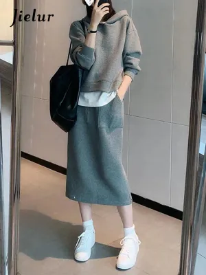 Metaversmall Autumn Hoodies Skirt New High Class Hong Kong Style Casual Sportswear Gray Top Skirt Two Piece Suits Chic Women Sets S-XL