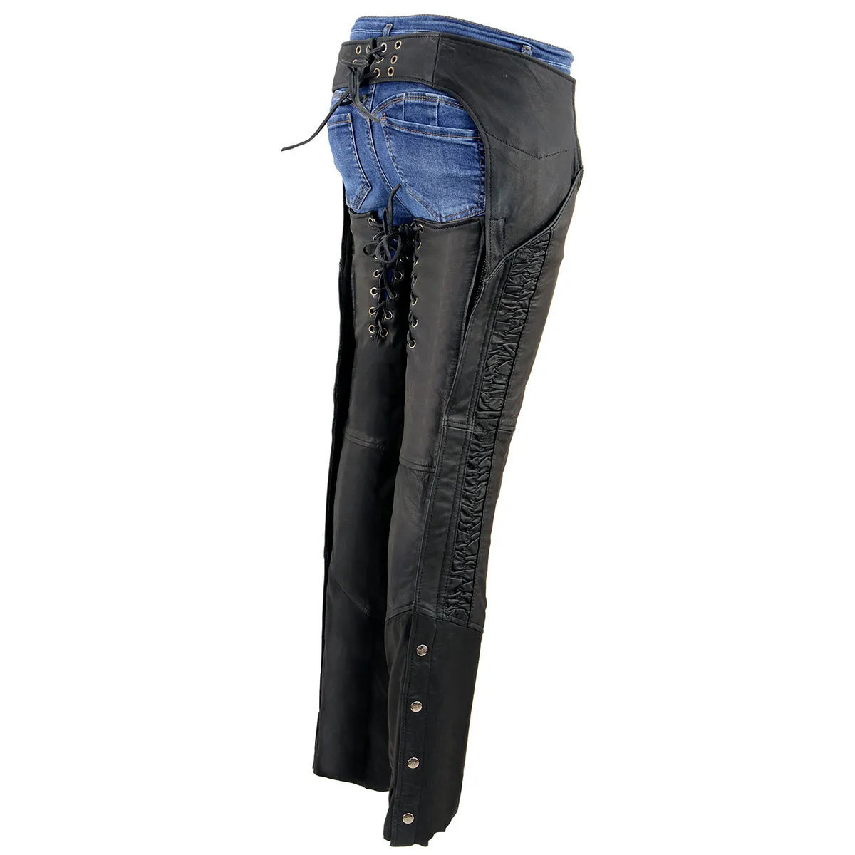 Milwaukee Leather Chaps for Women Black Lightweight Goat Skin- Crinkled Stripes Reflective Motorcycle Chap- MLL6501