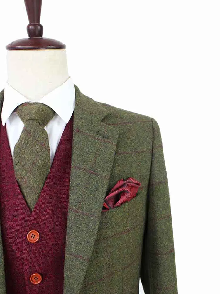 OLIVE GREEN PLAID TWEED 3 PIECE SUIT