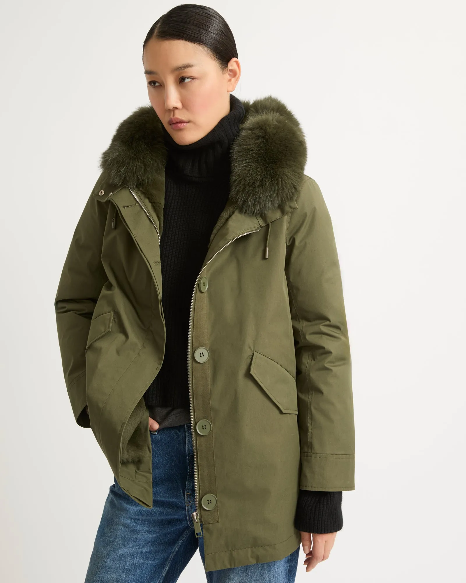 Parka courte en coton mélangé imperméable avec fourrure de renard et lapin