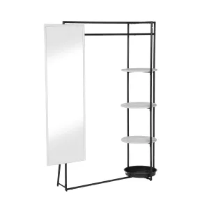 Phebe Black Powder Coated & Stone White 3-Shelf Coat Rack with Mirror