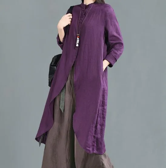 Purple Shirts Linen Dresse Midi Shirts Dress Women Outfit  CH9505