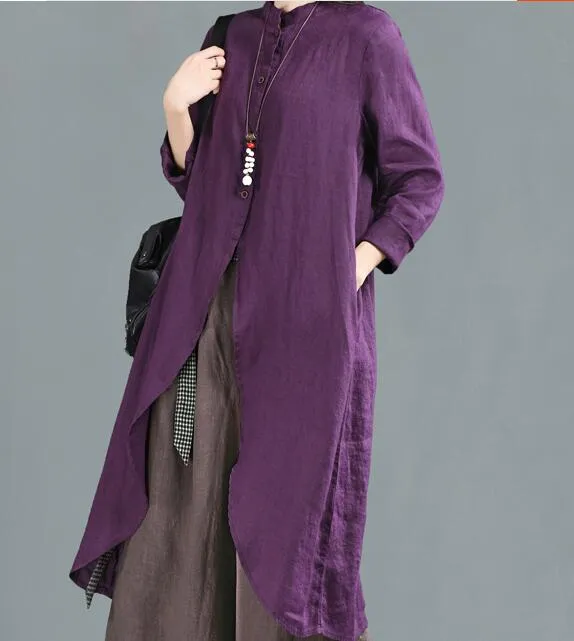 Purple Shirts Linen Dresse Midi Shirts Dress Women Outfit  CH9505