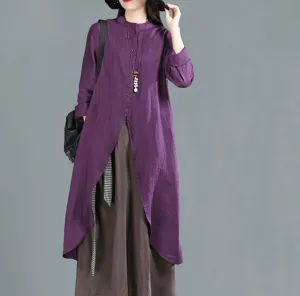 Purple Shirts Linen Dresse Midi Shirts Dress Women Outfit  CH9505