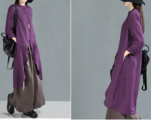 Purple Shirts Linen Dresse Midi Shirts Dress Women Outfit  CH9505