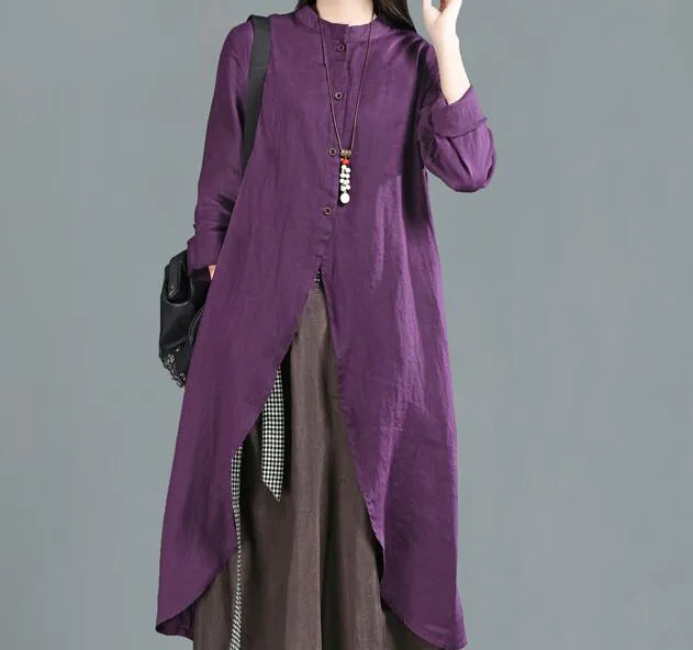 Purple Shirts Linen Dresse Midi Shirts Dress Women Outfit  CH9505