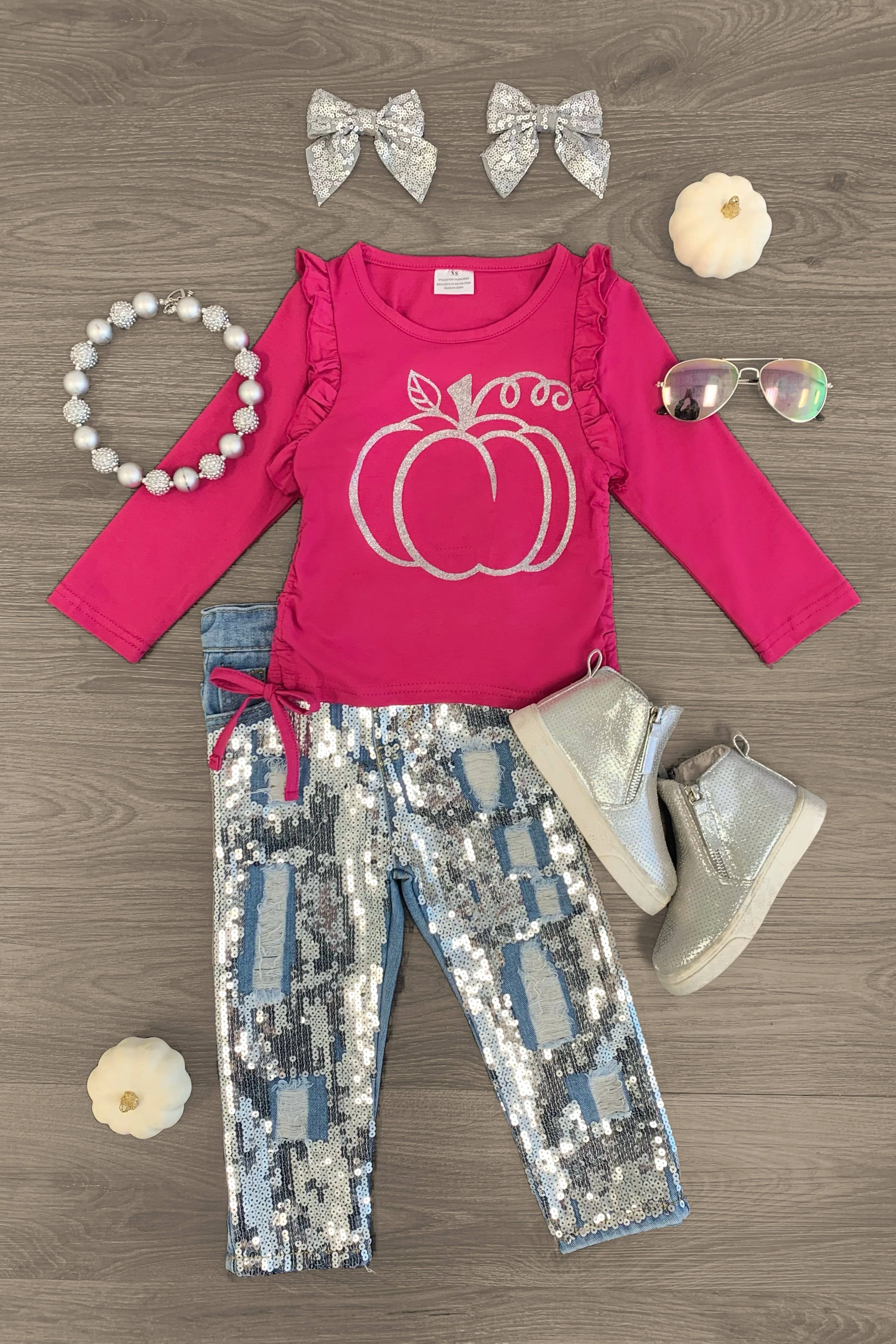 Raspberry Pumpkin Sequin Denim Pant Set