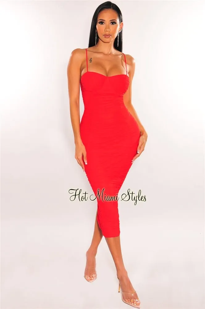 Red Mesh Padded Underwire Spaghetti Straps Ruched Midi Dress