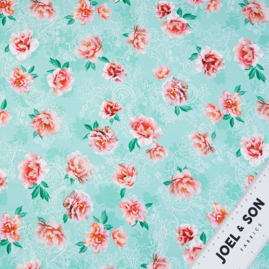 Red Rose Printed Aqua Green Pure Cotton