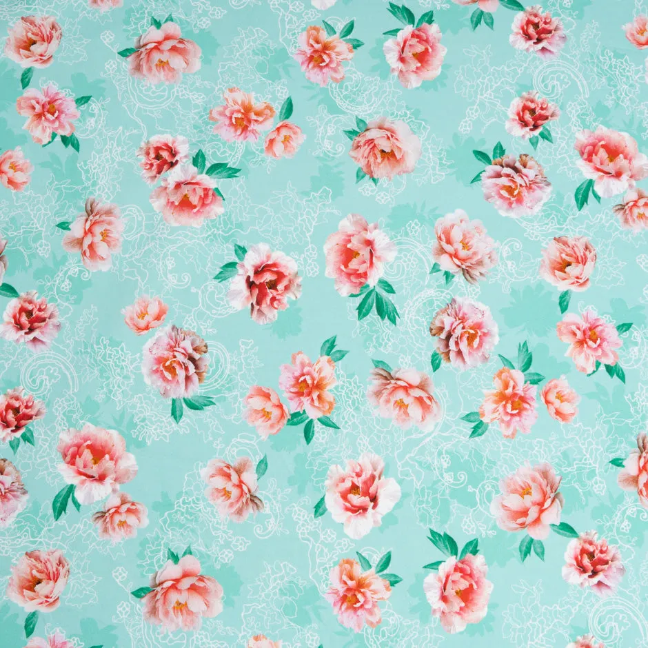 Red Rose Printed Aqua Green Pure Cotton